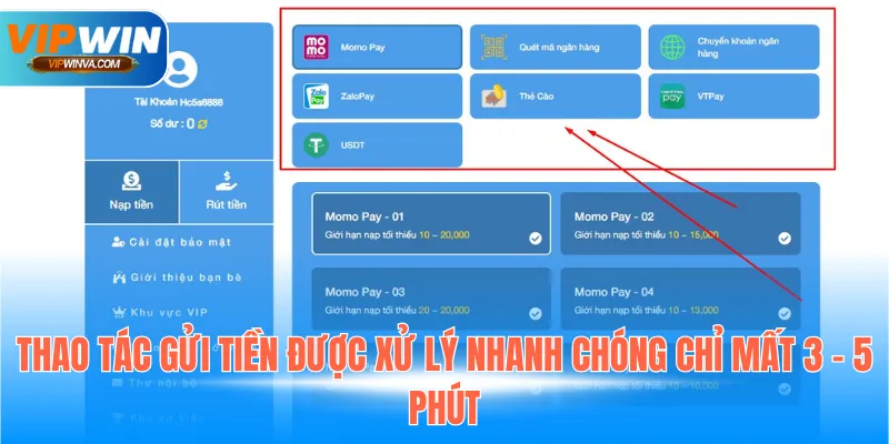 Thao tác gửi tiền được xử lý nhanh chóng chỉ mất 3 - 5 phút